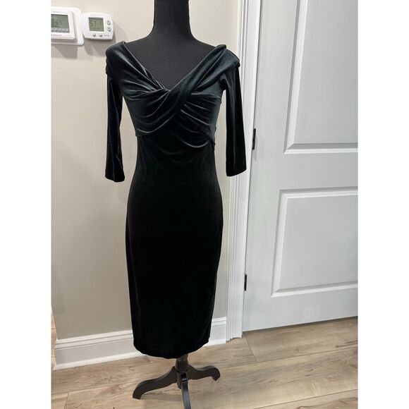 Zara Velvet Dark Green Off Shoulder Dress Midi Body Con - Size XS - Picture 2 of 8